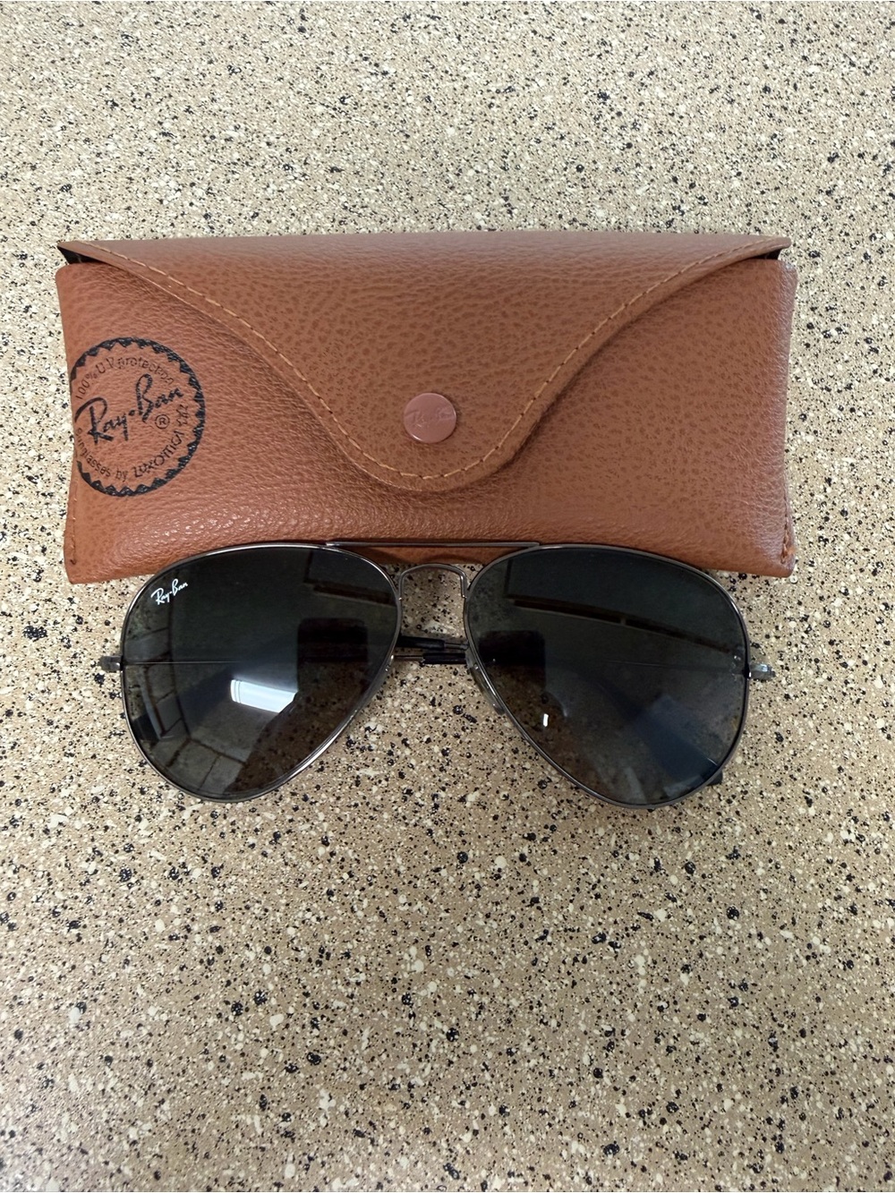 Ray-Ban Aviator Sunglasses with Brown Case and Dark Lenses